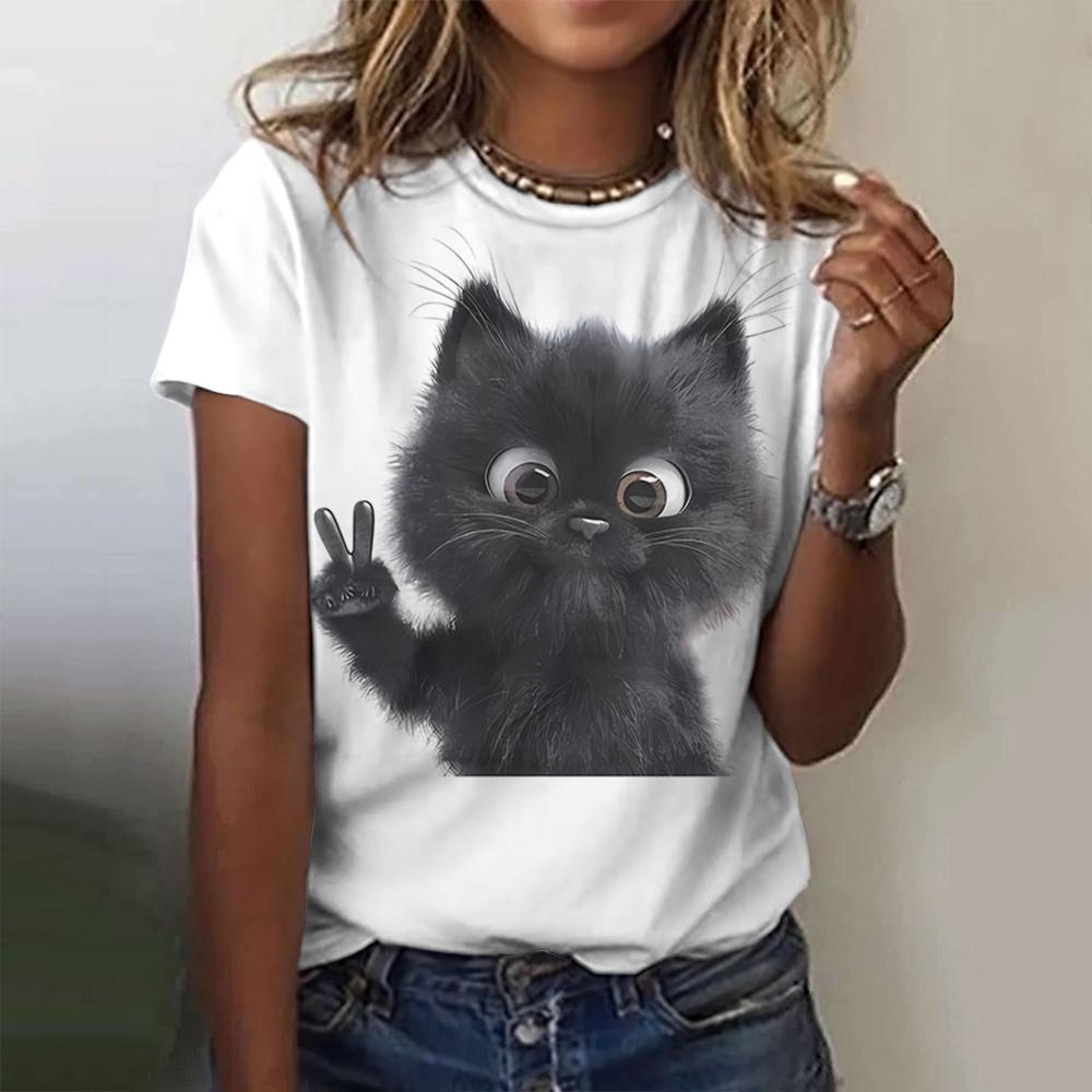 New Kawaii Cat Printed T-shirt For Women Plus Size Tops 2024 Summer Women's Trend Clothing Crew Tee Female Short Sleeve T Shirts