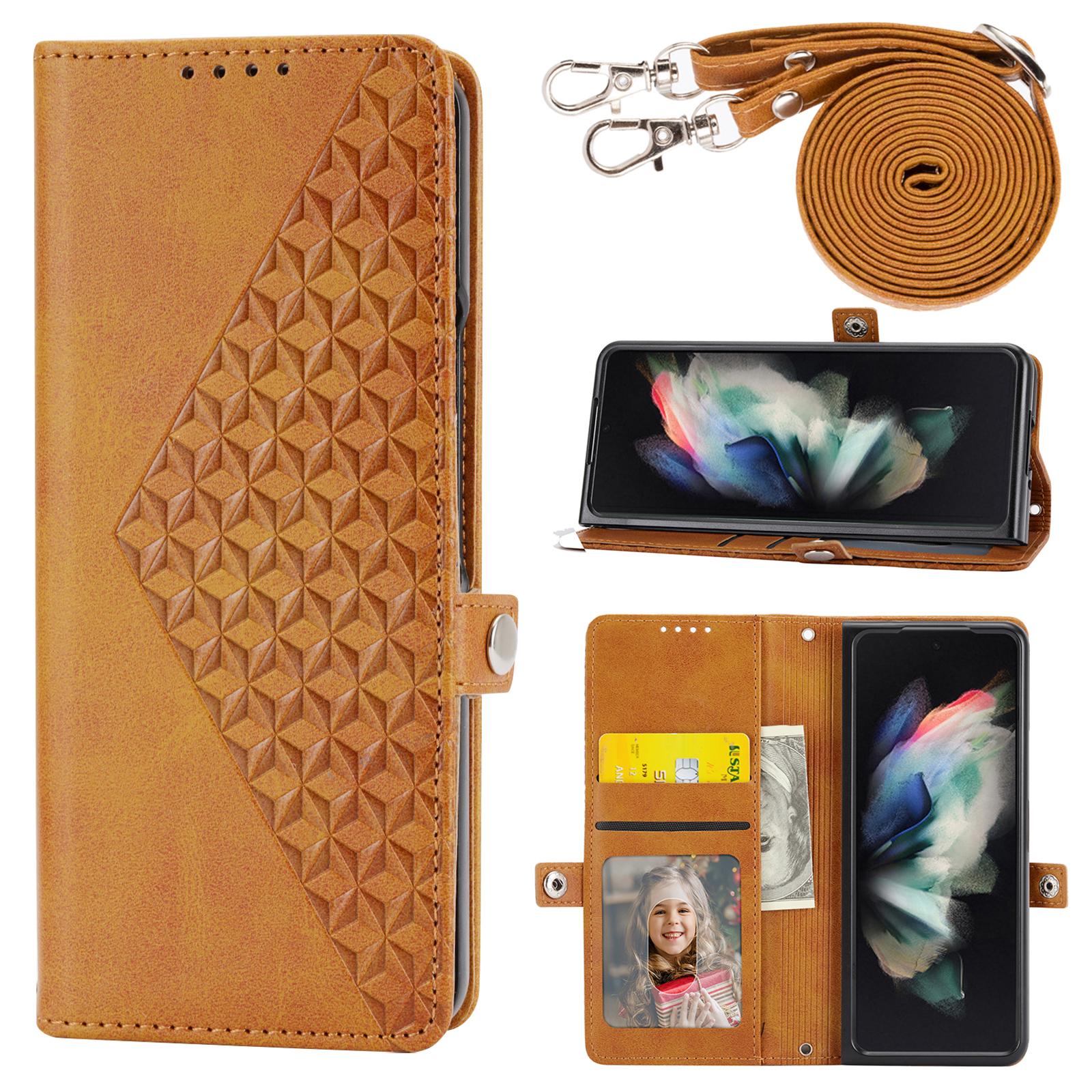 

For Samsung Galaxy Z Fold6 5G Wallet Case Calf Texture PU Leather Phone Cover with Shoulder Strap Yellow