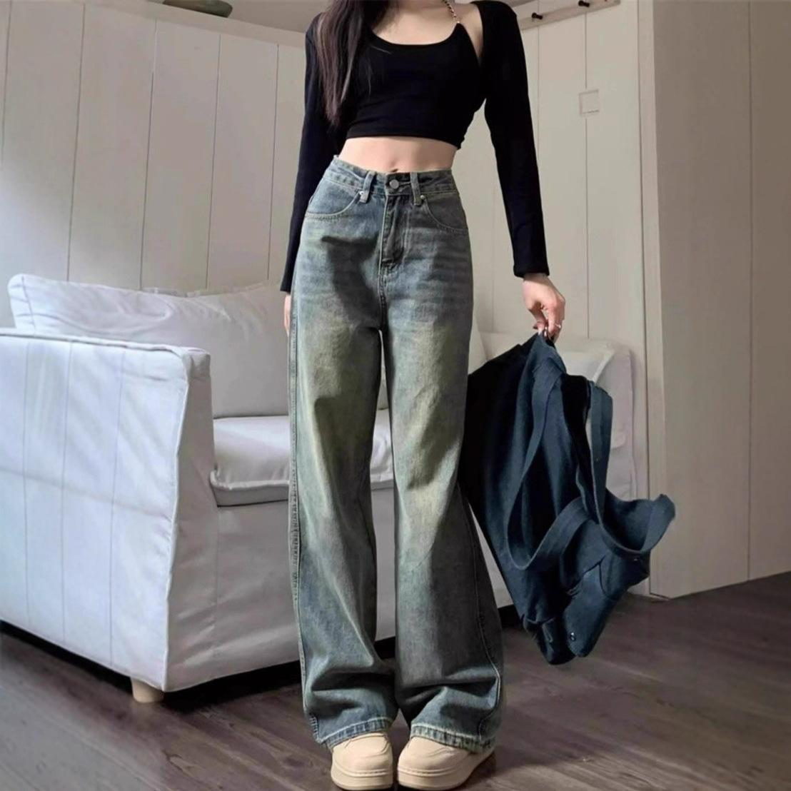 

High-waisted Straight Jeans Women Spring and Autumn Vintage Loose Casual Dragging Skinny Broad-legged Long Trousers Jeans for Women Long Denim Pants XS
