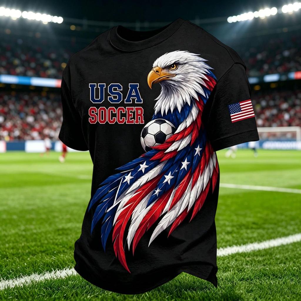 Men's Casual V Neck Breathable Short Sleeve Shirt Soccer Graphic Print Lightweight Comfortable Fit USA Theme