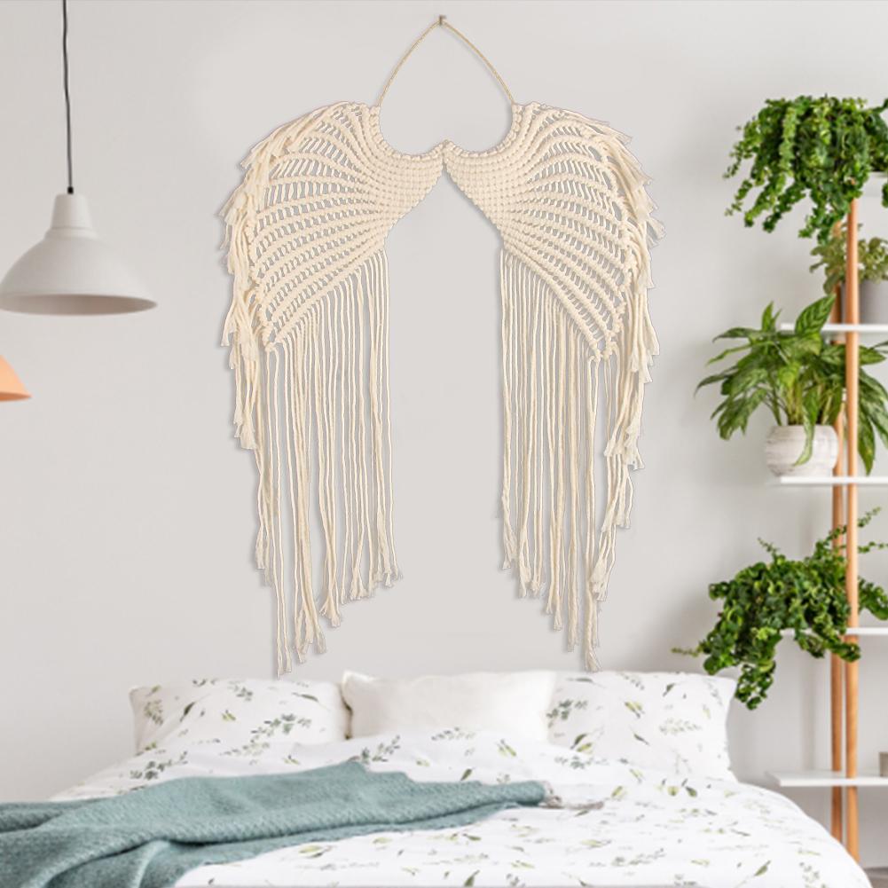 Angels Wing Shaped Macrame Tapestry Retro Cotton String with Long Tassel Elegant Ornament Decoration for Apartment Dorm Room