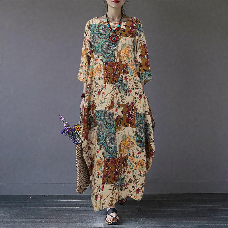 

ZANZEA Женское повседневное хлопковое платье свободного кроя с круглым вырезом и рукавами 3/4 с принтом 5XL коричневый