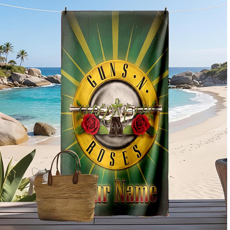 Asciugamano da Spiaggia Personalizzato Guns N’ Roses, Stampa il Tuo Nome Testo Asciugamano Leggero Assorbente per Nuoto Viaggio