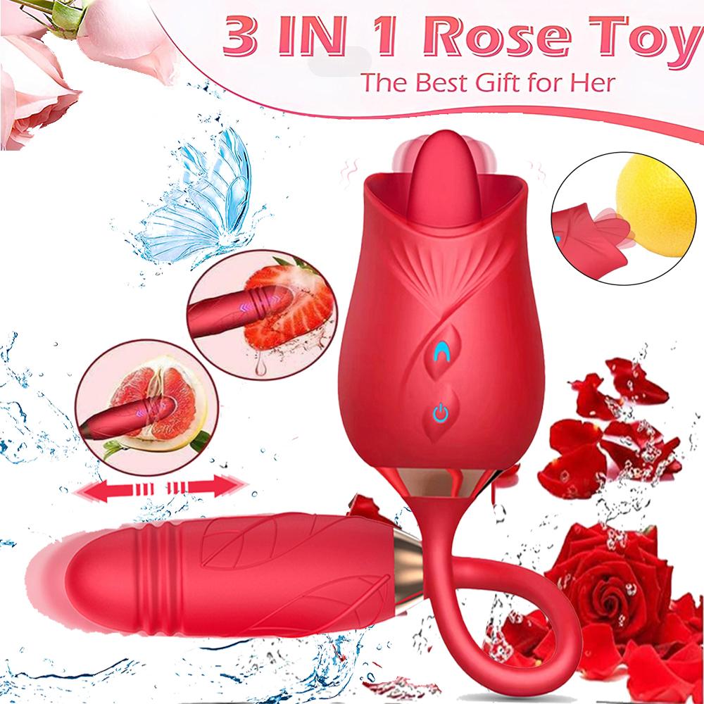 3-in-1 female masturbation rose sex toy Clit Clintoris G-point thrust Dildo oral sex Vibrator G-point stimulation licking erotic