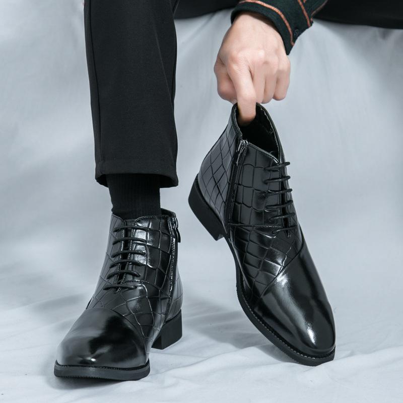 Large Size New Leather Boots Men's Fashion High-top Chelsea Boots Trendy Crocodile Pattern Business Dress Martin Boots Men