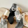 Cute Rabbit Cartoon Plush Socks for Autumn and Winter. Two Girls Are Wearing Grey Pile Socks with Double Flared Lapels and Boneless Socks