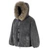 Pánská dámská nadměrná péřová bunda s kapucí z bavlny s odnímatelným límcem z umělé kožešiny, praný vintage streetwear zimní kabát