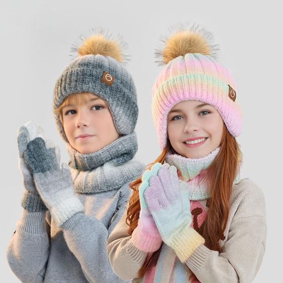 3Pcs/Set Kids Winter Knitted Scarf Gloves Set Pom Pom Ball Rainbow Color Brimless Hat Touchscreen Gloves Neck Warmer Set