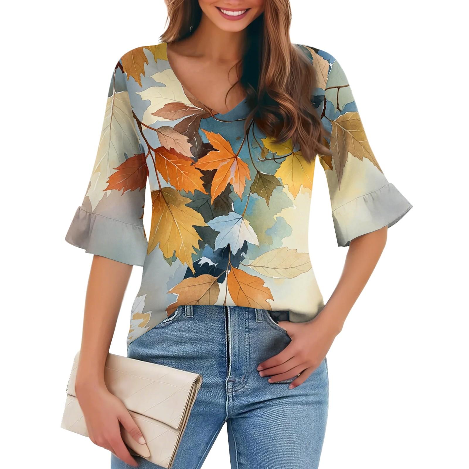 

Женская повседневная модная футболка с V-образным вырезом, свободная, для поездок на работу, с цветочным принтом и рукавом три четверти XL