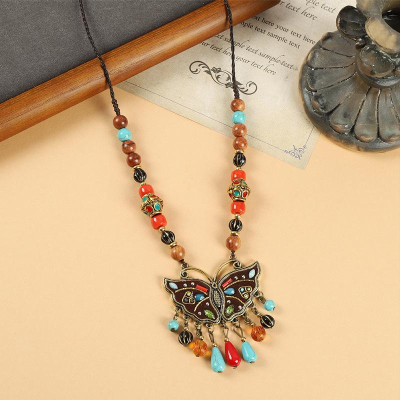 Original Design Nepalese Butterfly Necklace Vintage Clavicle Chain Exotic Style Tassel Frontier Tibetan Headdress