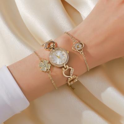 Keine Geschenkbox Mode herzförmiges Diamant Hohlarmband Blume Diamantuhr Diamant vierblättriges Kleeblatt Armband 3er Sets