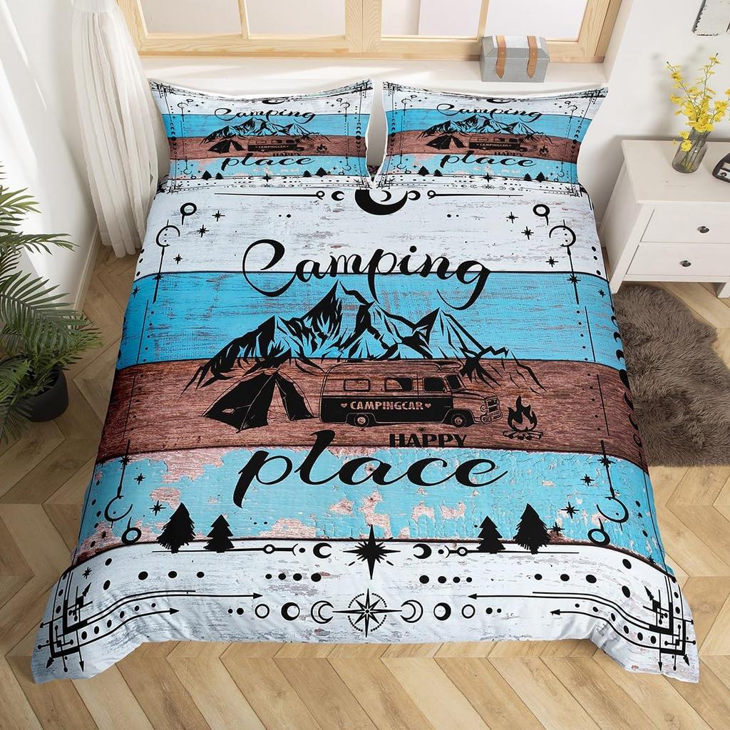 Handbemalte Bergdeko Bettbezug-Set Queen King Size Happy Camping Kinderbettwäsche für Jungen Mädchen 3-teilig mit 2 Kissenbezügen