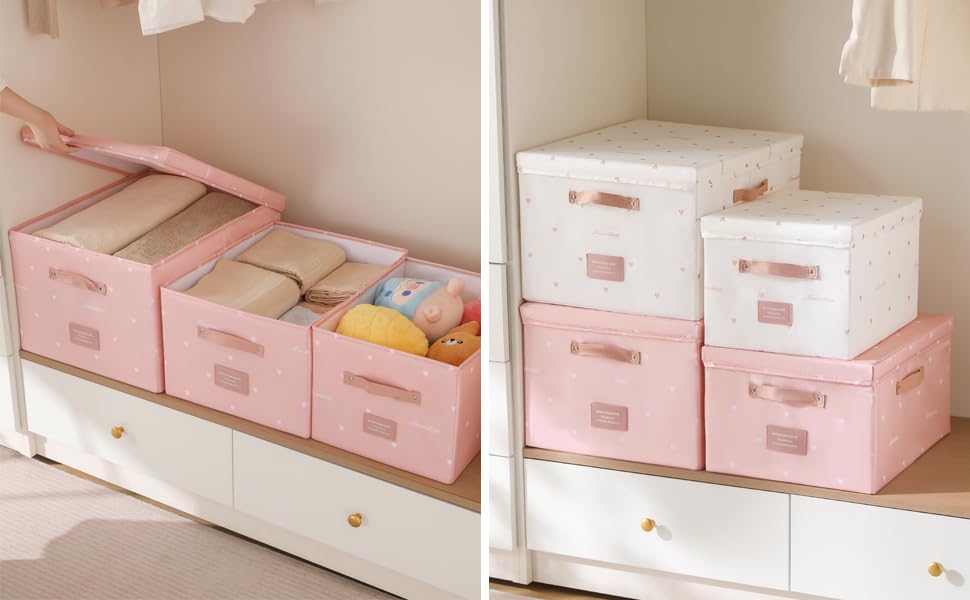 NEOVIVA Storage Box with Lid, Foldable, Cute Storage Case, Clothing Storage Basket, Stylish, Large Capacity, Durable, White, Size S