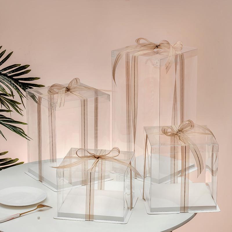 Exquisite Transparent Square Cake Box with Heightened Lid for Birthdays & Gifts - Fluid Bear Design