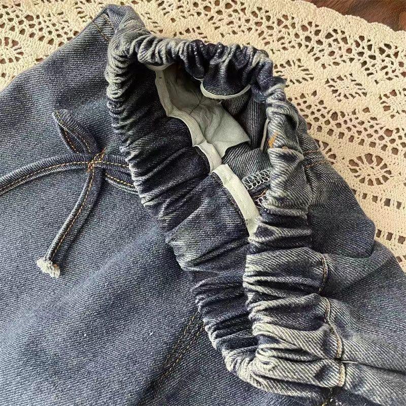 Frühling Herbst Mädchen Baby Lockere Version von Kinder Koreanische Schleife Denim Gerade Hosen Weiter Bein Hosen Hosen