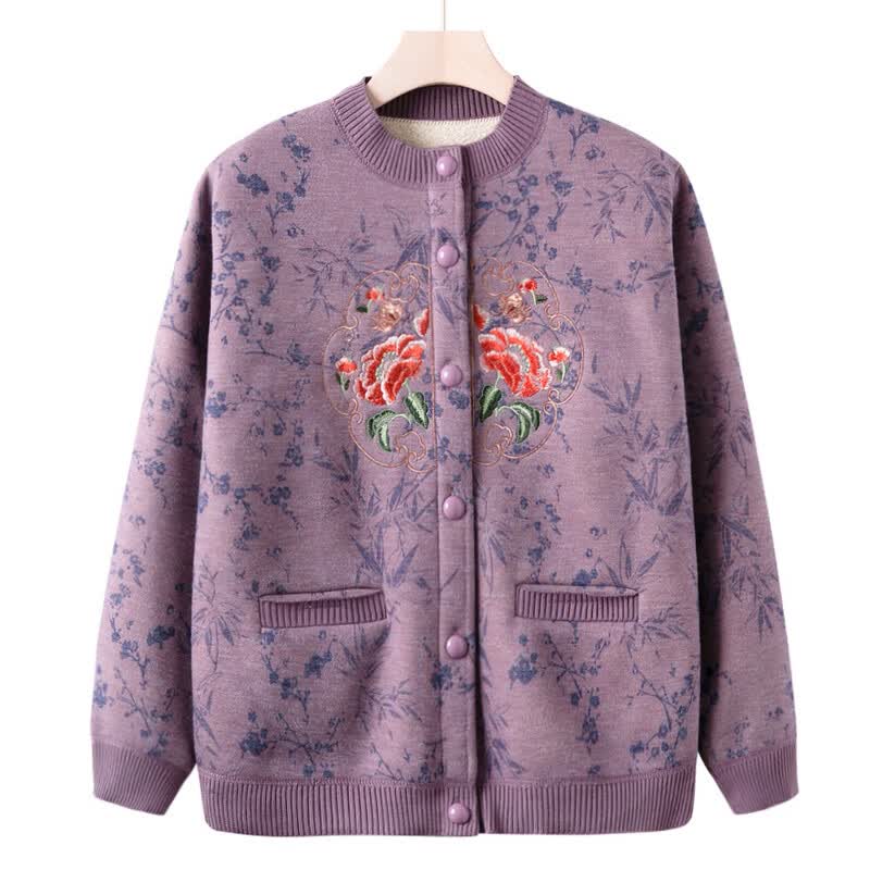 Elderly Women's Autumn Winter Fleece-Lined Cardigan Jacket