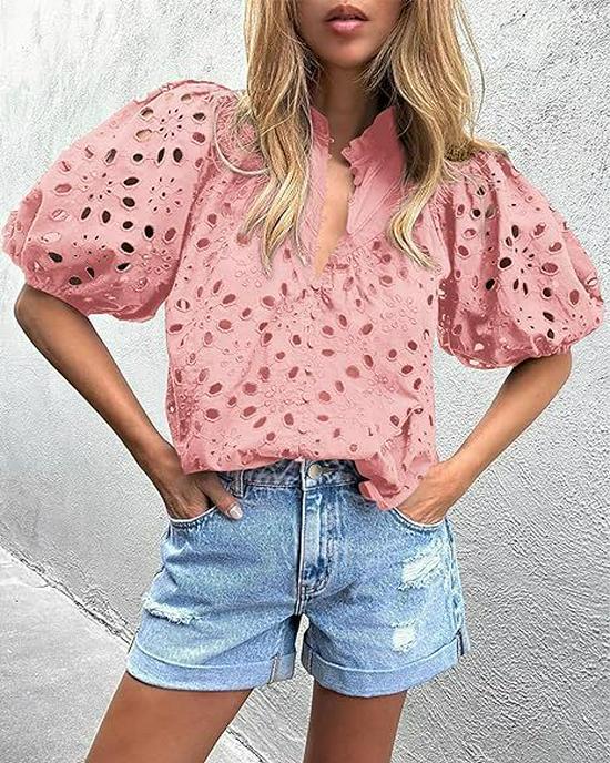 Women's V-Neck Lace Embroidery Lantern Sleeve Summer Top