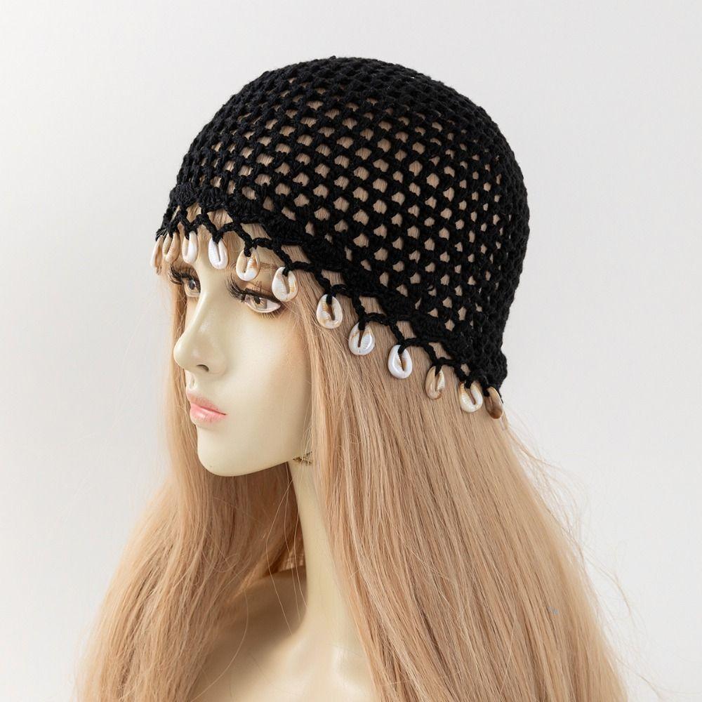 Cotton Crochet Shell Beanie Hat Breathable Hollow Out Knit Cap Summer Headwear Daily Wear