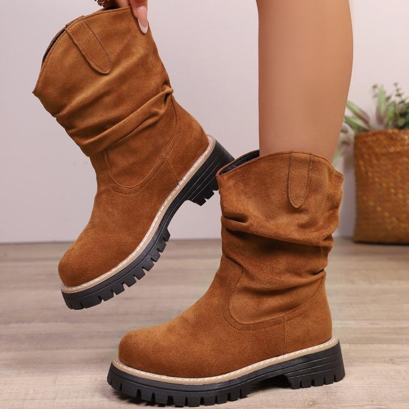 Fashion Ruched Western Boots Women Cow Suede Leather  Decoration Round Toe Solid Color Autumn Winter Shoes Handmade