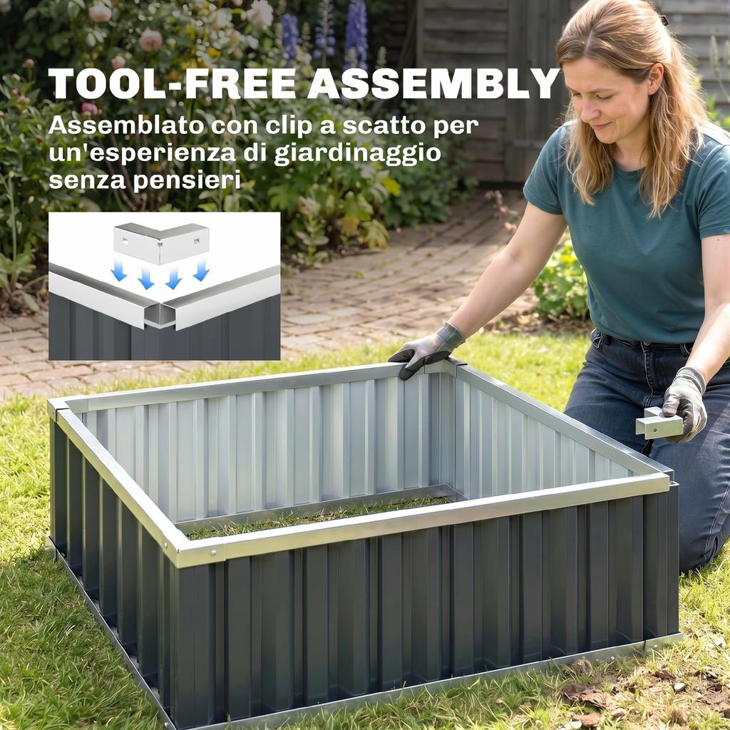 Raised Garden Bed in Steel, Open Bottom and Tool-Free Assembly, 90x90x30cm