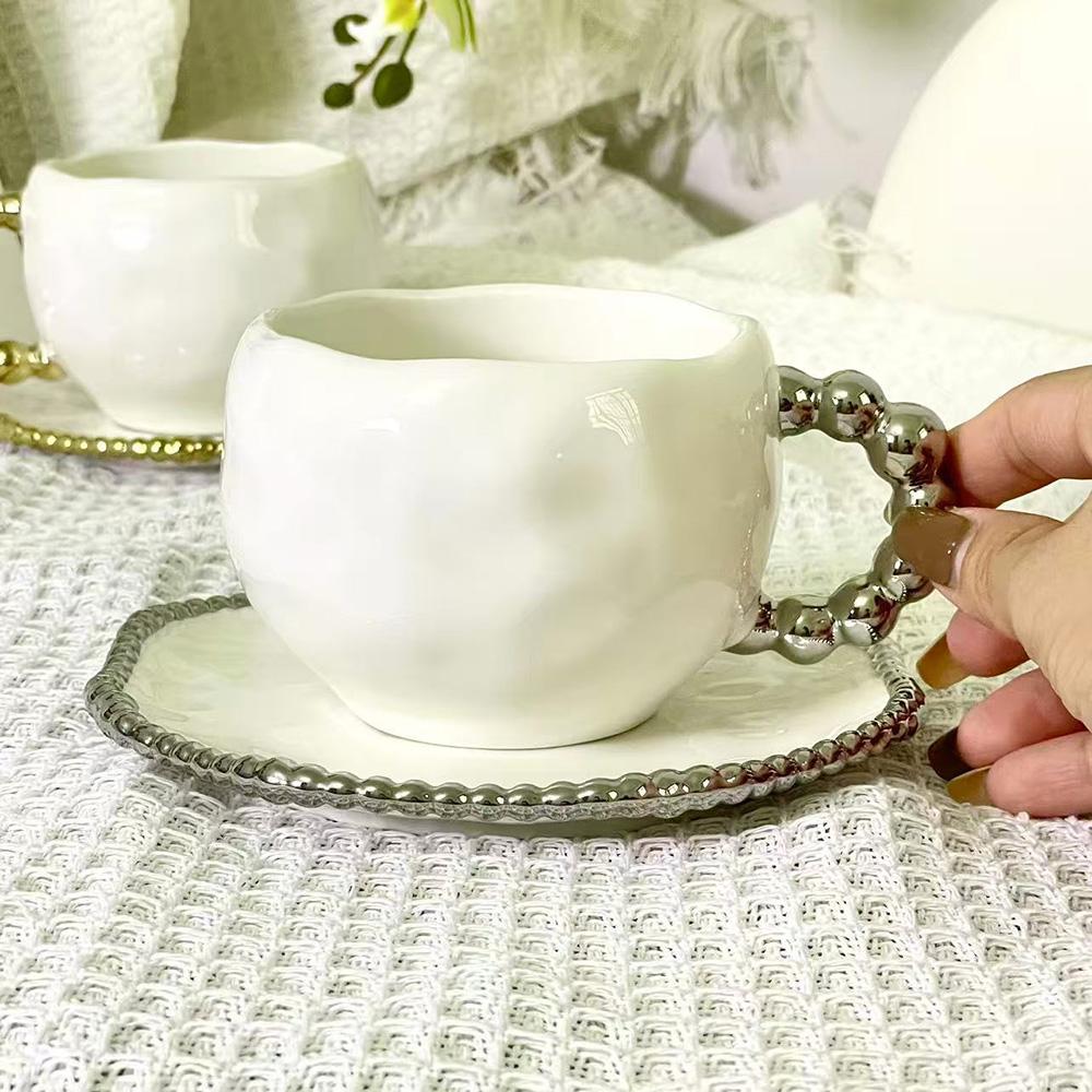 Couple's Mug Vintage Irregular Pearl Ceramic Cup and Saucer Modern Afternoon Tea Dessert Drink Cup Saucer Office Mug Simple Gift