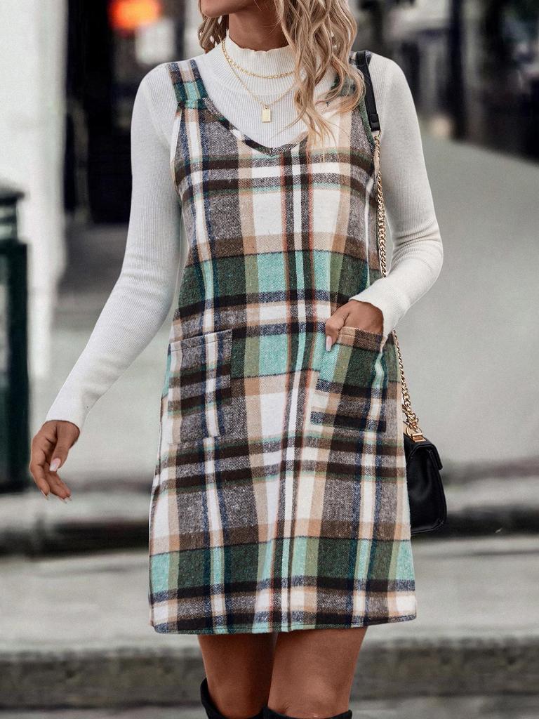 Chic Women's Plaid Suspender Skirt with Pockets – Casual Fashion for Spring and Autumn