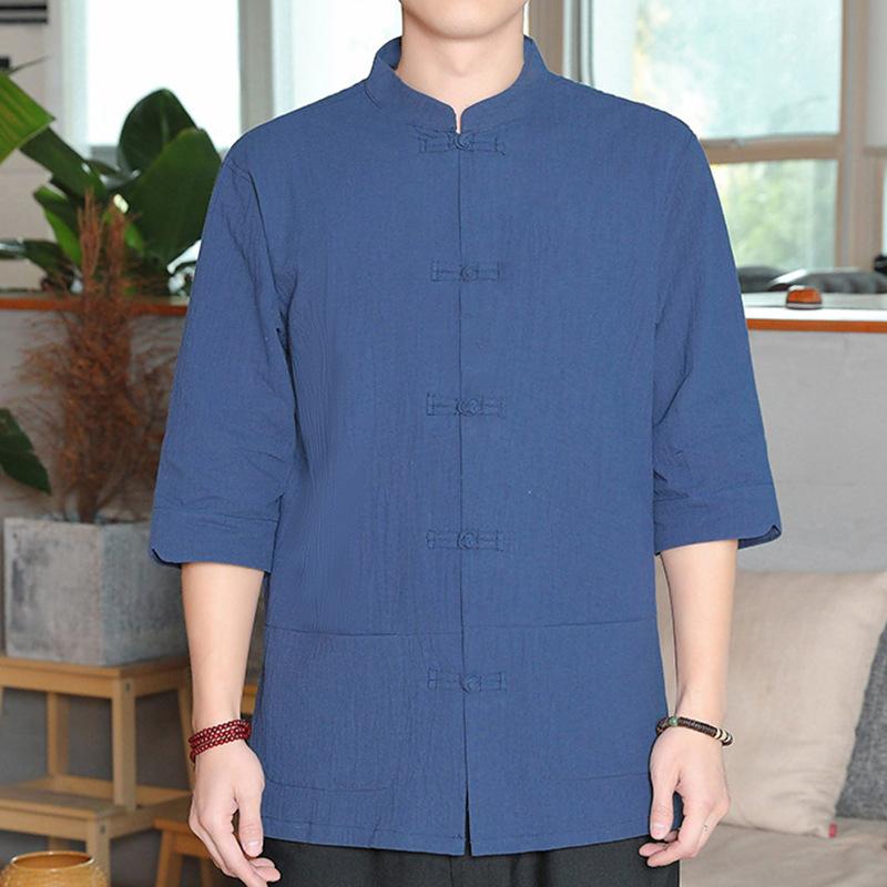 Cotton Linen Men's Shirt Five-Quarter Sleeve Breathable Sweat Loose Fit Collarless Short Sleeve