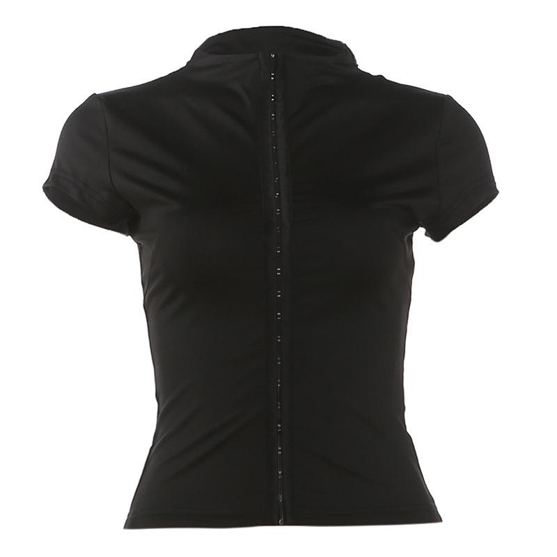 

Европейская и американская весенне-летняя женская одежда новая мода уличный стиль воротник-стойка двубортный дизайн вырез облегающий топ-футболка S чёрный