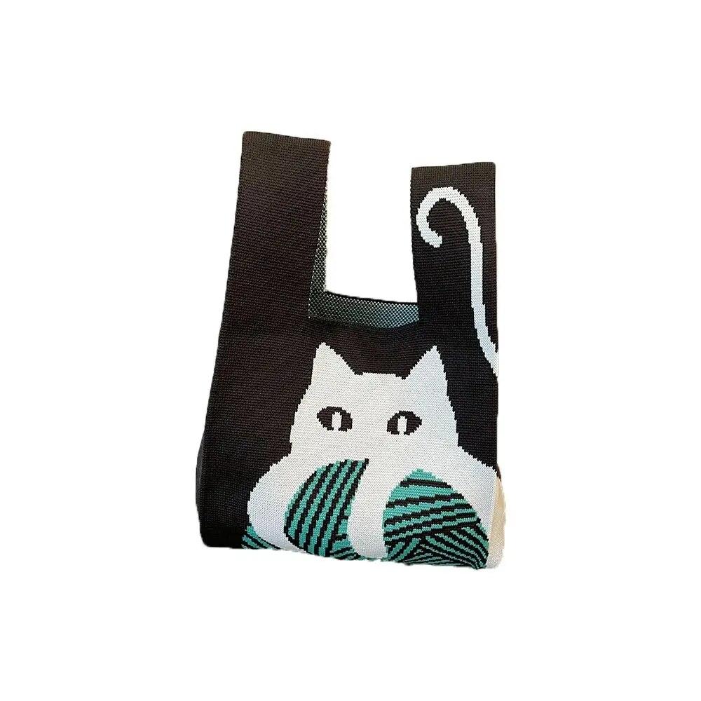 Fashion Handmade Cat Knit Handbag Casual Color Tote Bag Student Reusable Shopping Bags Women Mini Knot Wrist Bag
