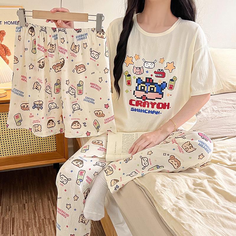 Three-Piece Women s Summer Pajama Set - Cute Round Neck, Short Sleeve, Cloud Cotton Lounge Wear M-L