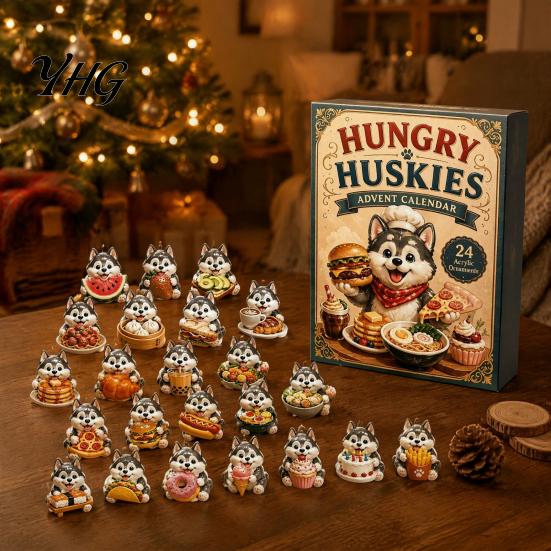 Wiederverwendbare Acryl-Dekorationen Husky Adventskalender mit 24 Feinschmecker-Ornamenten, 2D Flache Kreative Hundethema Weihnachtsgeschenke Baumschmuck,