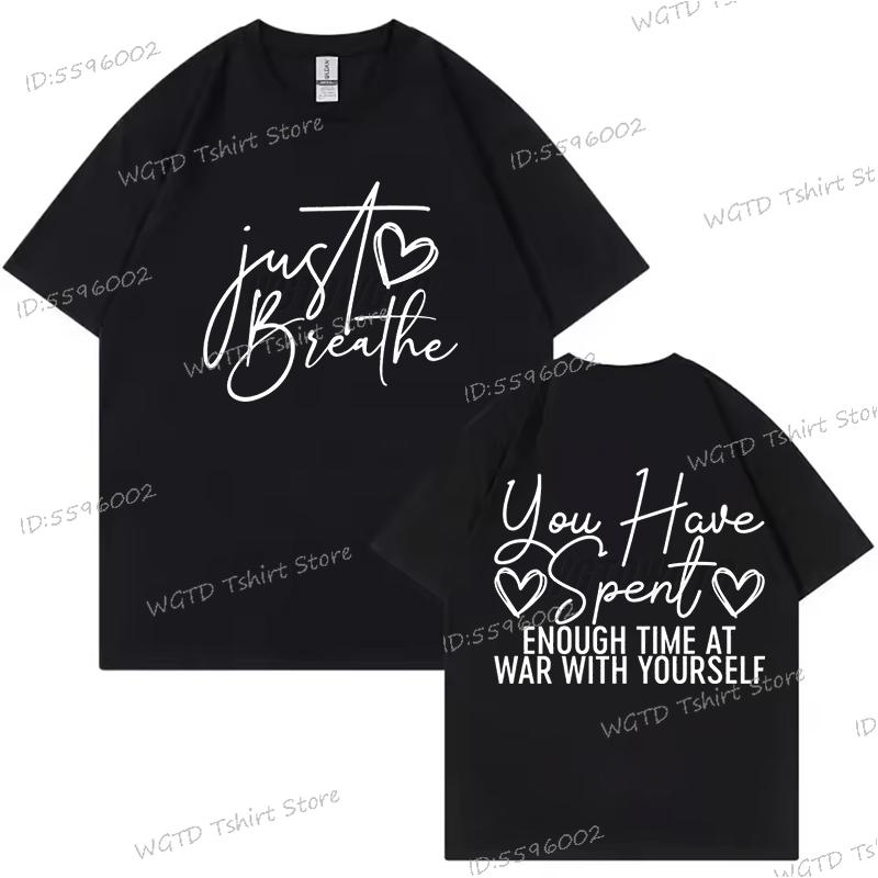 Just Breathe Heart Design T-shirt Inspirational Quotes Graphic Tee Trendy Mothers Day Gifts Positive Crewneck Short Sleeve Shirt