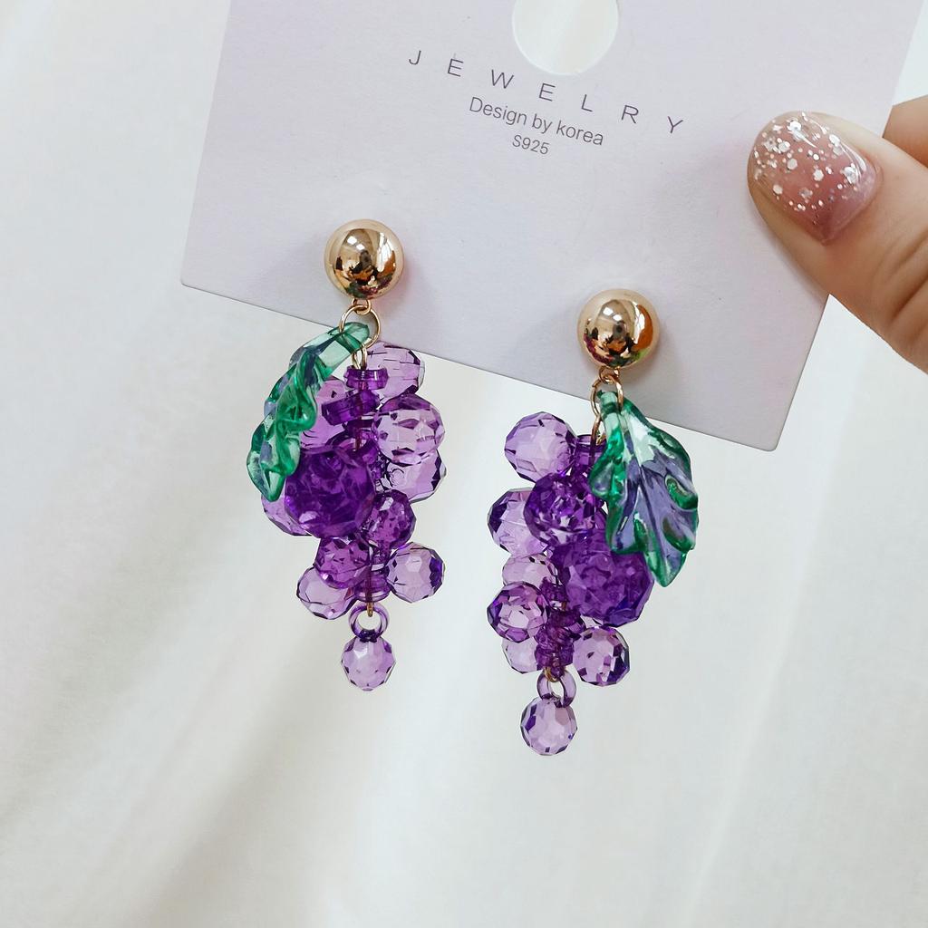 925 Silver Needle 2023 Sweet Purple Grape String Earrings, Japanese Cute Design, Fresh and Creative Fruit Stud Earrings