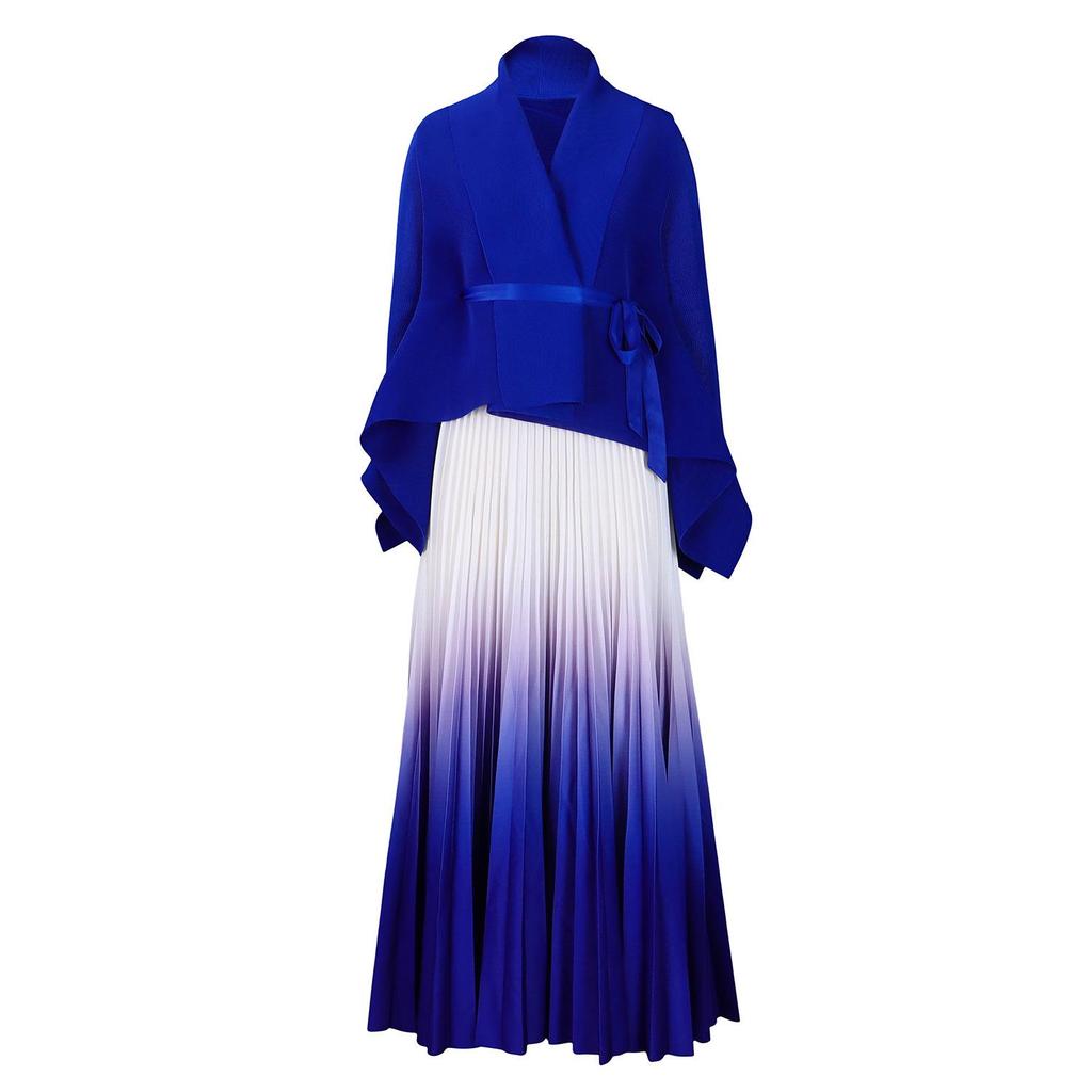 European & American Fashion Pleated Top and Gradient Swing Skirt Two-Piece Set