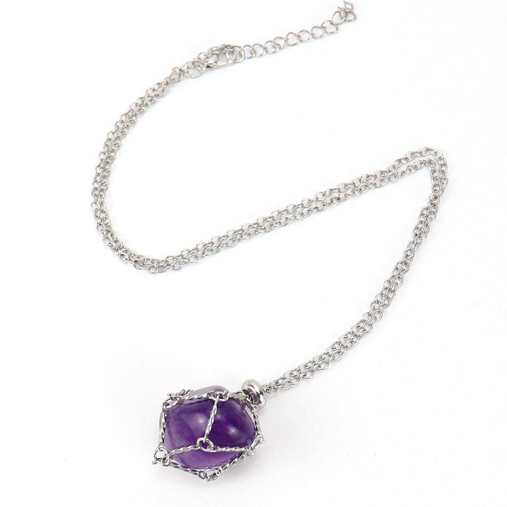 Stainless Steel Metal Bamboo Braided Mesh Prison Cage Pendant Natural Crystal Rough Stone Necklace Adjustable N700