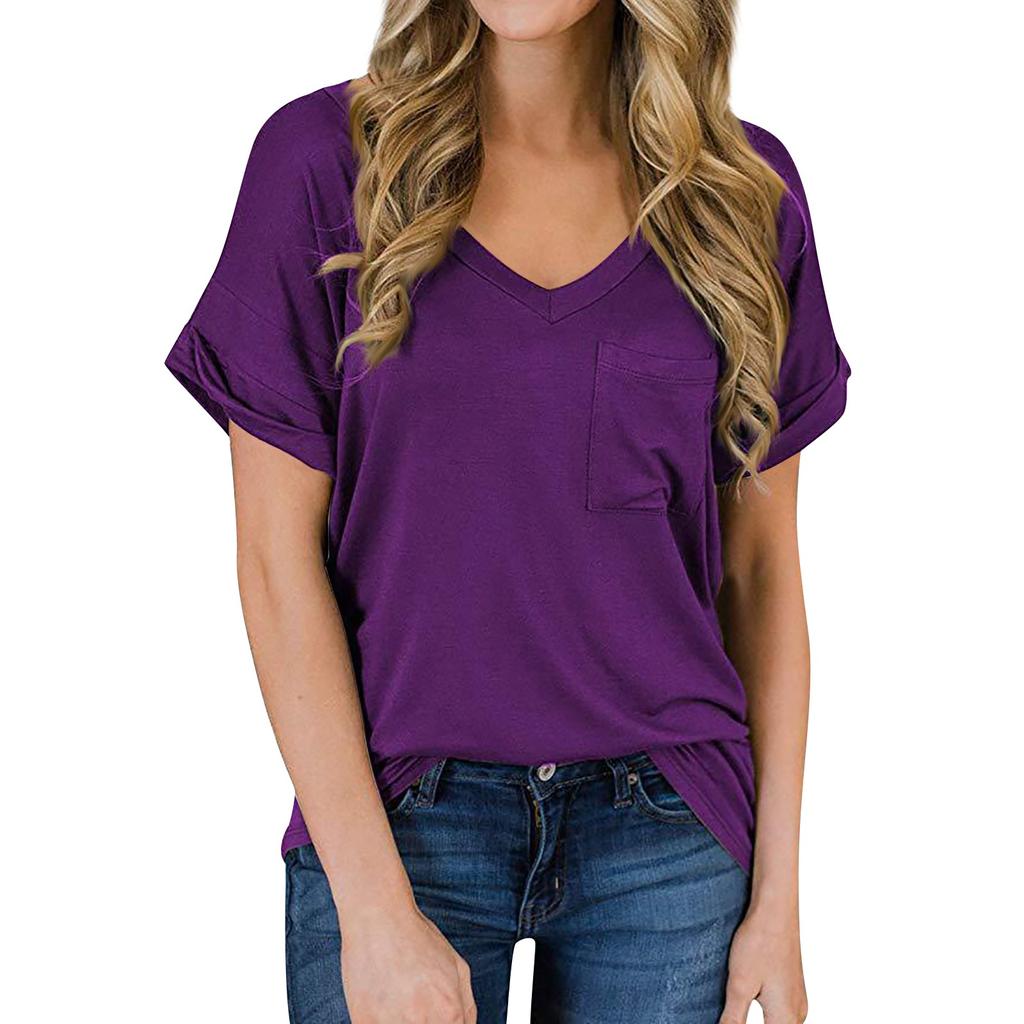 Women's Fashion Spring/summer V-neck Pocket T-shirt With Rolled Edge Short-sleeved Loose Top