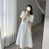 2024 Summer Chic: French-Inspired White Jacquard Dress with Square Collar