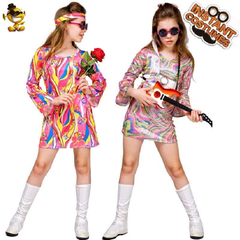 Little girls vintage hippie costumes, girls disco stage show costumes cosplay