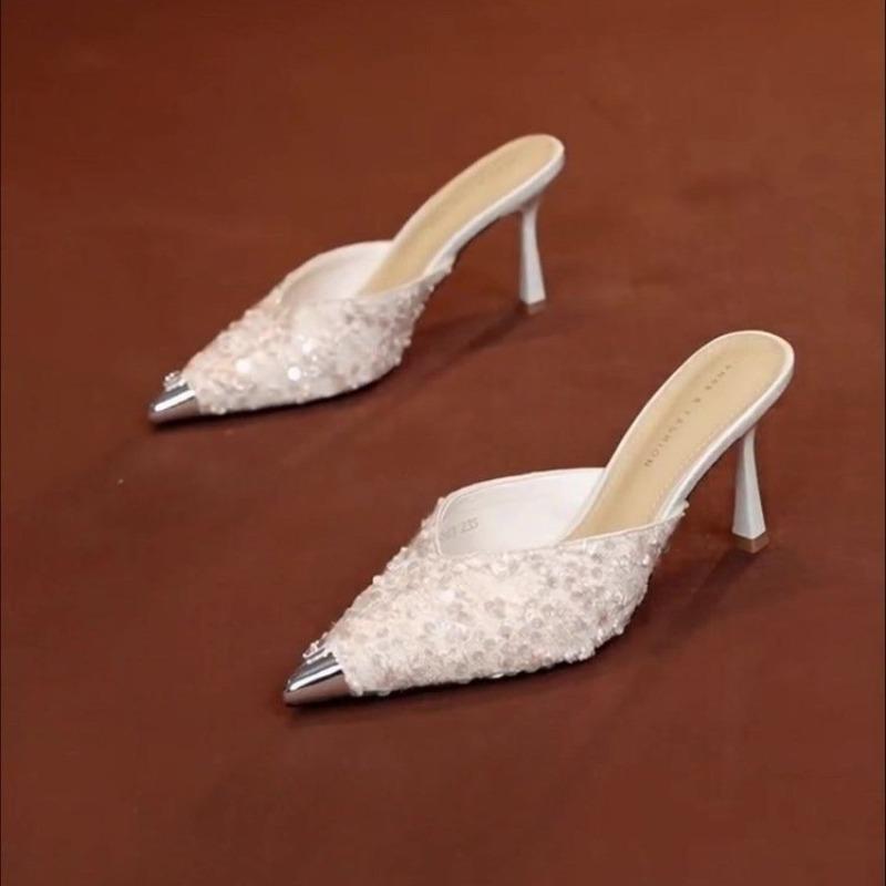 Fashion Sequined Head Stilto Slippers Women's Summer Outerwear 2025 New Fashion Fairy Style Dress Sexy Pointed High-heeled