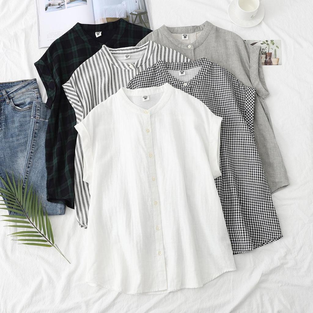 Japanese Minimalist Plaid Women's Sleeveless Stand Collar Shirt & Classic Short Sleeve Shirt