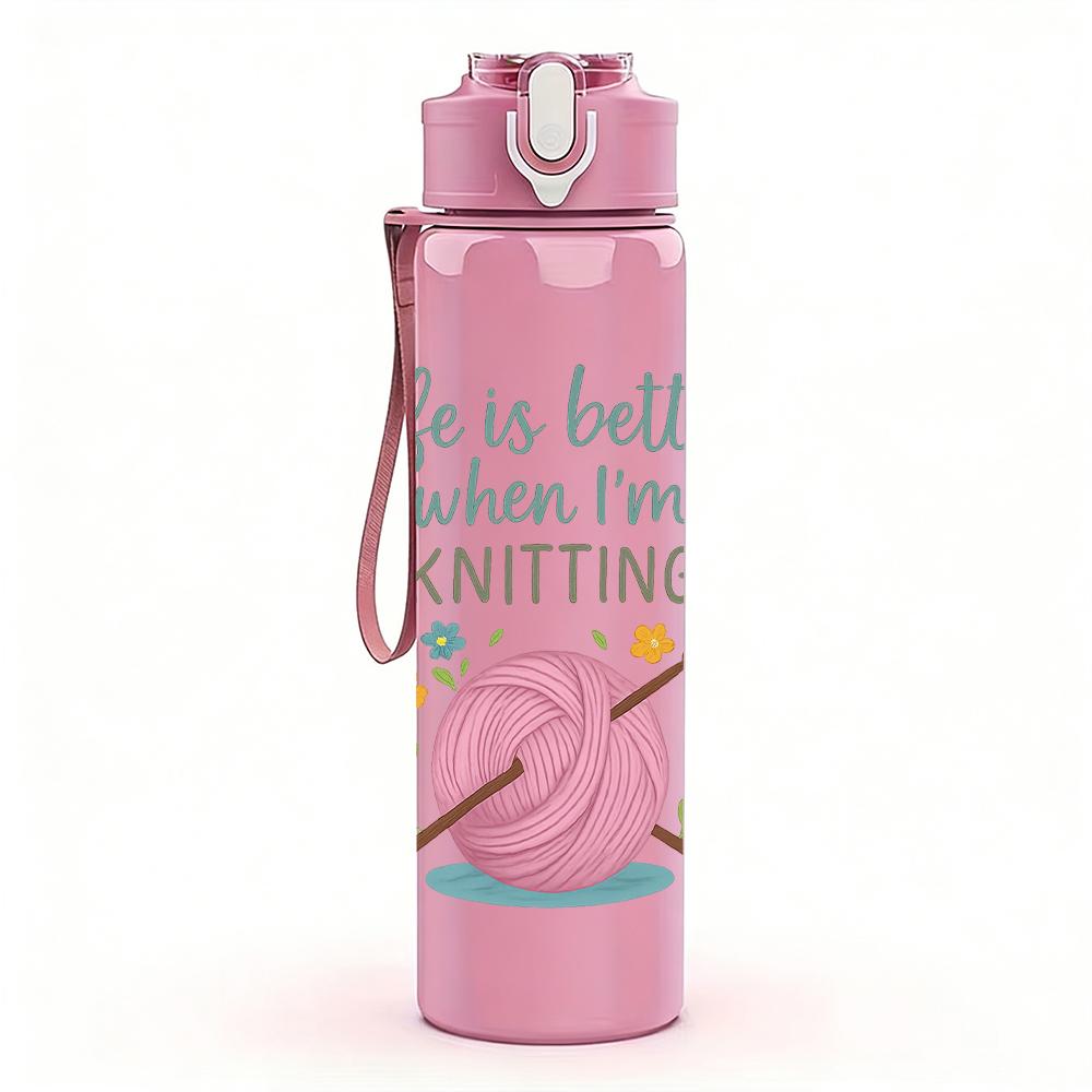 1PC Knitting Inspirational Quote Text 750ml Color Plastic Sports Water Bottle Leakproof Flip Straw Lid For Sports Office Home Use