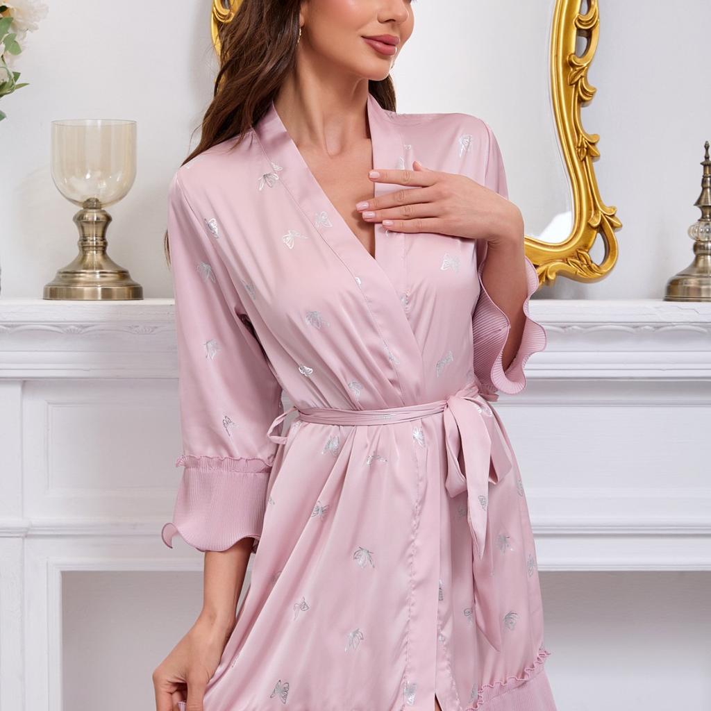 Pigiama da donna in raso di seta ghiacciata con bordo a fungo, farfalla, primavera, sexy, camicia da notte, atmosfera dolce, accappatoio, abbigliamento da casa