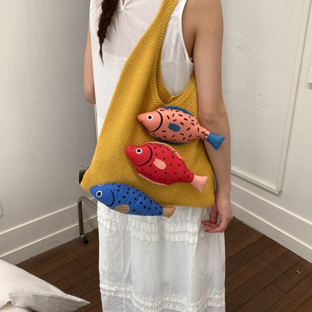Crochet Weave Knitted Bag Cotton Beach Bag Trendy Fish Shoulder Bag Tote Bag
