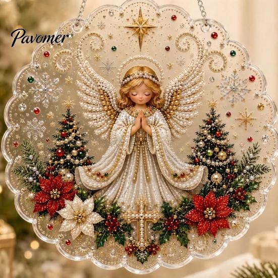 Religiöse Feiertagsdekorationen Weihnachten Perlmuttmalerei Sonnenfänger-Set, 3D Krippe/Weihnachtsmann/Vogel/Baum Festliche Heimdeko Akzente Perlen