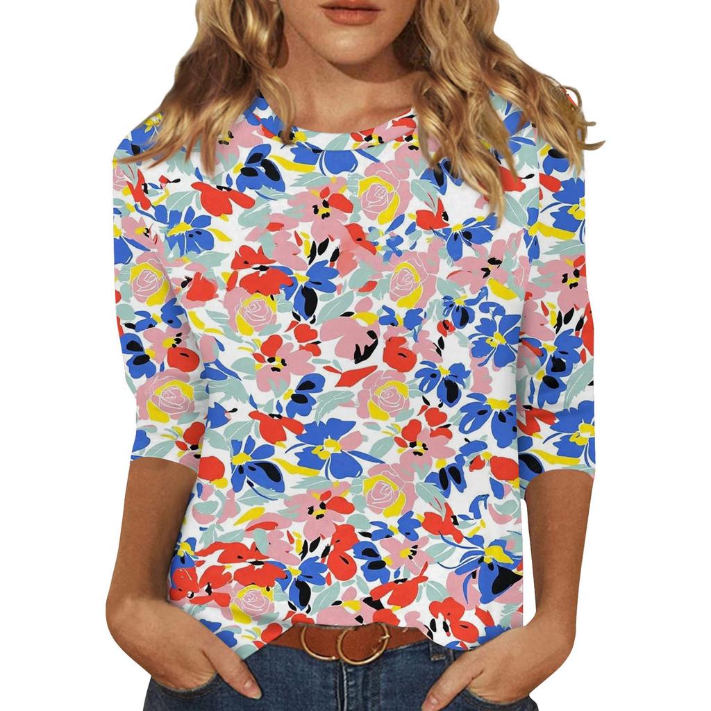 Koszule z rękawami 3/4 dla kobiet Śliczne nadruki Koszulki z nadrukami Bluzki Casual Plus Size Podstawowe topy Pulower
