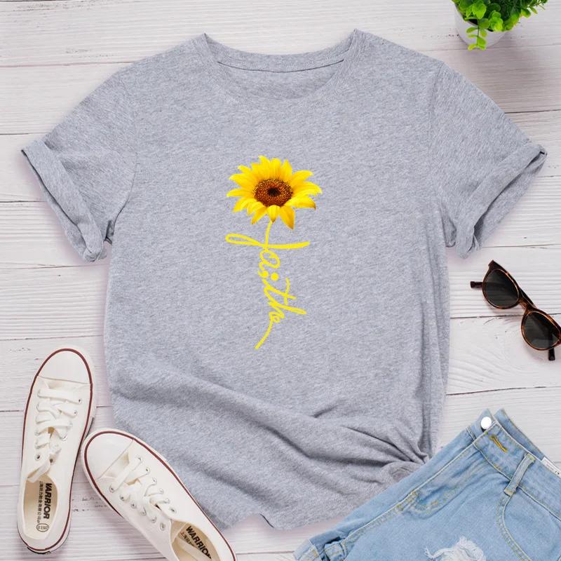 Sunflower Faith Letter Print Women T Shirt Short Sleeve O Neck Loose Women Tshirt Ladies Tee Shirt Tops Clothes Camisetas Mujer