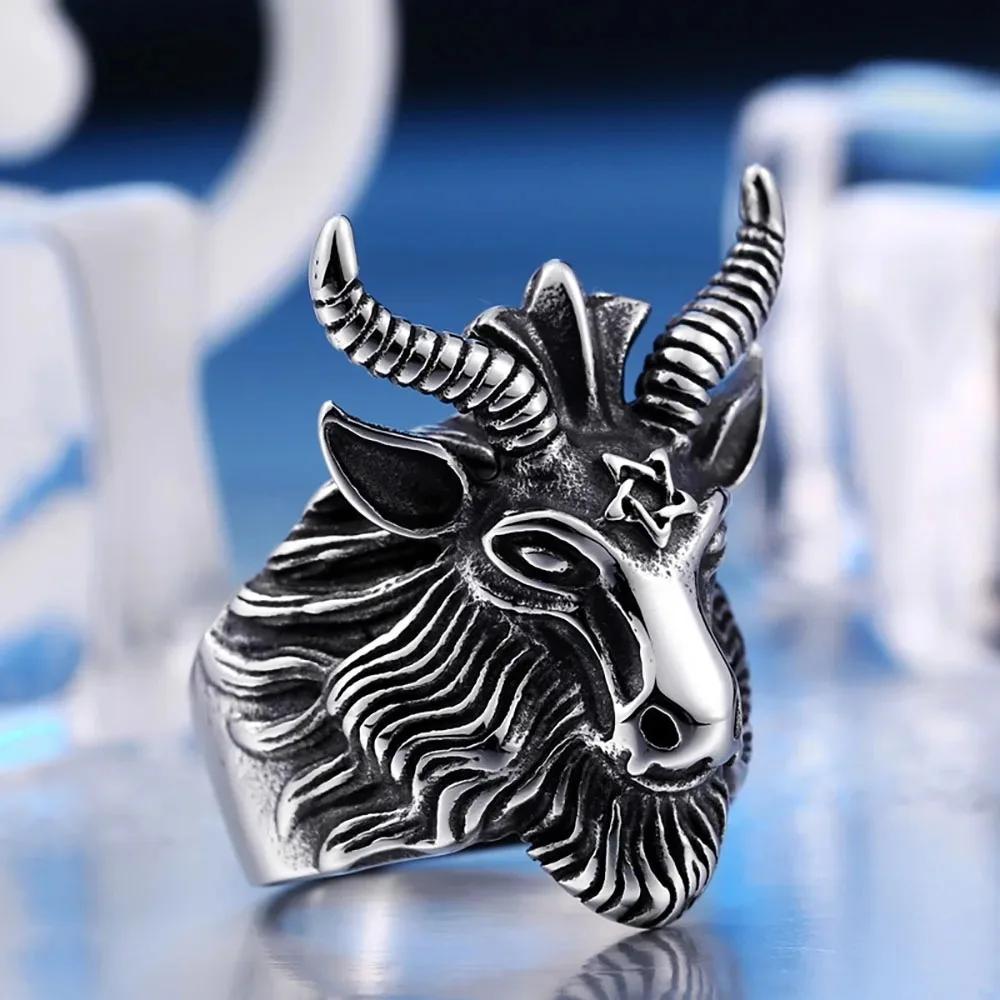 Neuer Einfacher Vintage Trend Satanischer Ziegenring Herren Gothic Luzifer Ziegenkopf Satanischer Totenkopfring Street Nische Party Boy Schmuck Geschenk