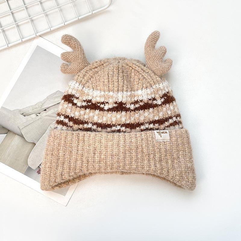 Hat Women's Autumn and Winter Thickened Warm Ear Protection Knitted Hat Showing Face Small Outdoor Cold Proof Deer Antler Pullover Hat