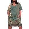 Women's Summer Plus Size V Neck Short Sleeve Knee Pocket Retro Flower Print Casual Dress
