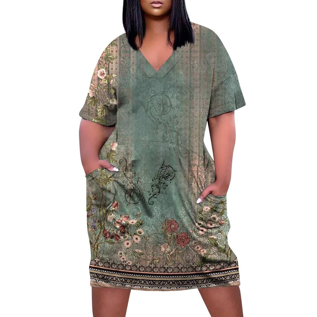 Women's Summer Plus Size V Neck Short Sleeve Knee Pocket Retro Flower Print Casual Dress